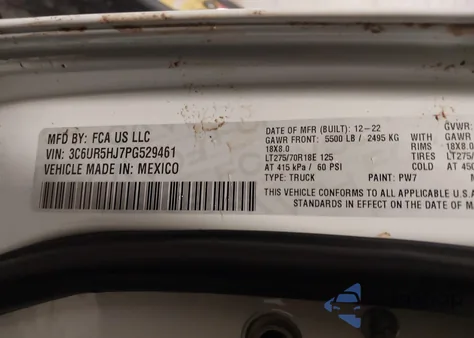 2023 Ram 2500 Tradesman 4X4 8' Box z USA, uszkodzony, nr VIN 3C6UR5HJ7PG529461